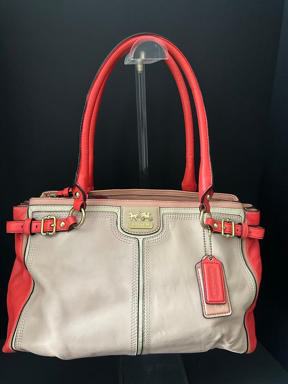 Coach Kara Carryall 22701 Colorblock Leather Satchel Coral Pink Taupe Shoulder